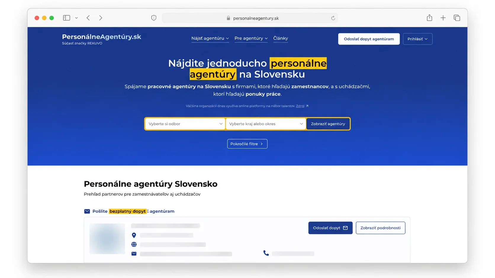 PersonalneAgentury.sk: agency dashboard